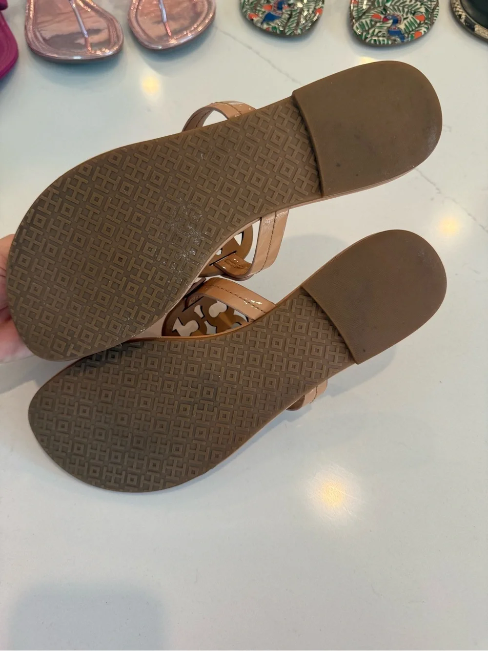 Tory Burch Nude Patent Leather Thong Sandals with Multicolor Logo